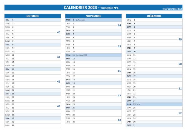 Calendrier trimestriel 2023 à imprimer pour le 4ème trimestre 2023.