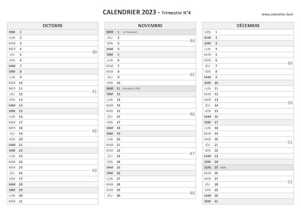 Calendrier trimestre N°4 2023 à imprimer (mois d'octobre, novembre et décembre 2023).