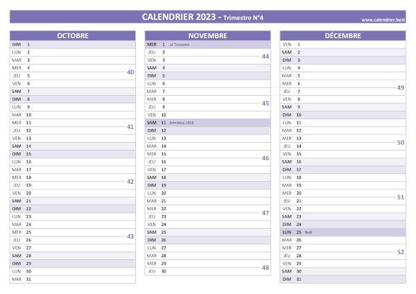 Calendrier trimestre N°4 2023 à imprimer (mois d'octobre, novembre et décembre 2023).