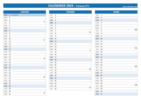 Calendrier trimestre N°1 2024 à imprimer (mois de janvier, février et mars 2024).