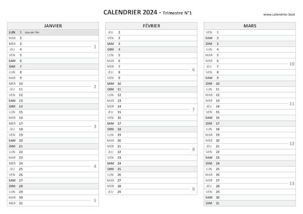 Calendrier trimestre N°1 2024 à imprimer (mois de janvier, février et mars 2024).