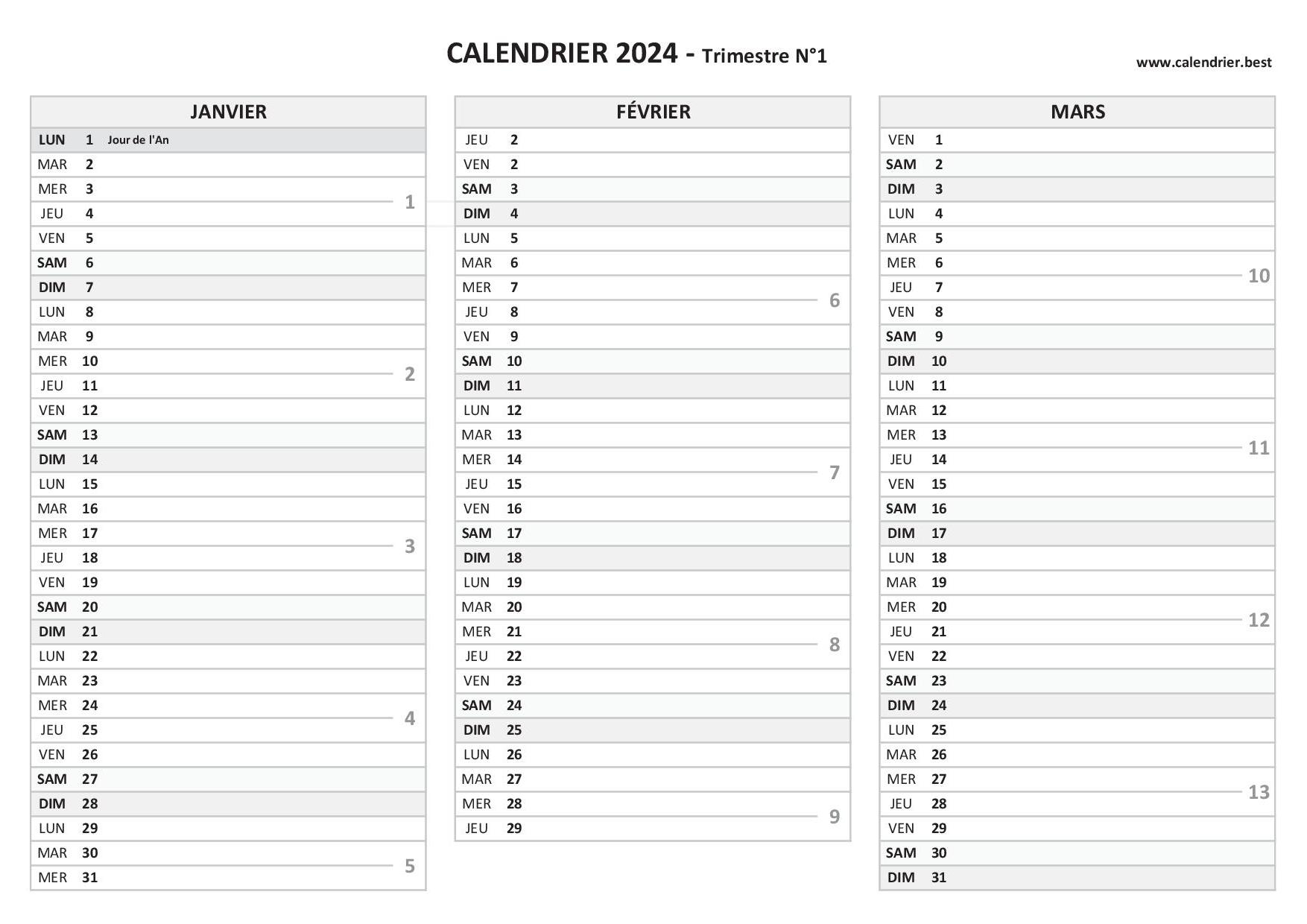 Calendrier trimestriel 2024 à consulter, télécharger en pdf et imprimer