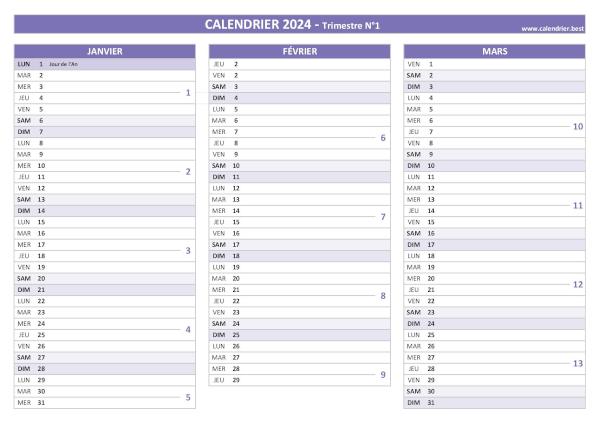 calendrier 2024 à imprimer par trimestre (1 page par trimestre)