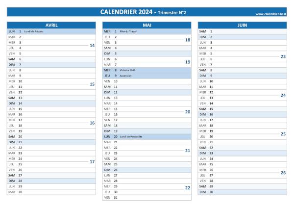 Calendrier trimestre N°2 2024 à imprimer (mois d'avril, mai et juin 2024).