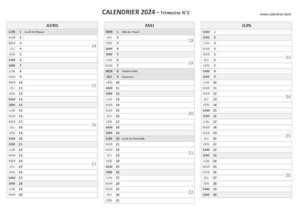 Calendrier trimestre N°2 2024 à imprimer (mois d'avril, mai et juin 2024).