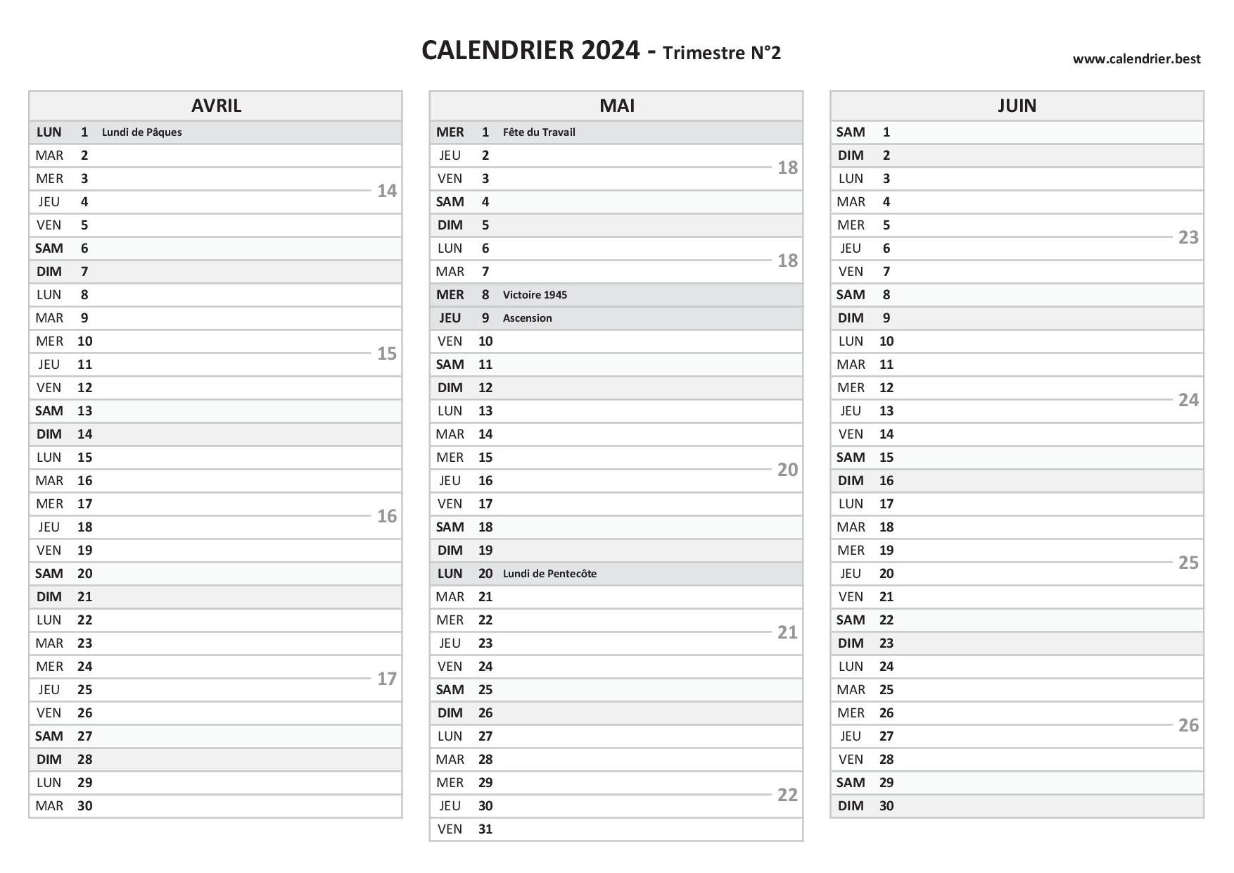 Calendrier pour le 3ème quadrimestre 2024 : mois de septembre, octobre,  novembre et décembre 2024