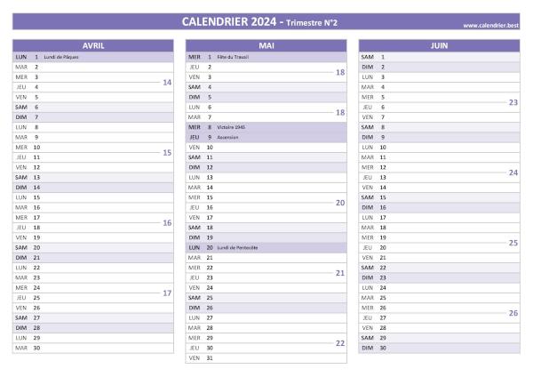 Calendrier trimestre N°2 2024 à imprimer (mois d'avril, mai et juin 2024).