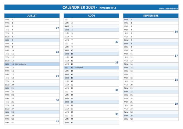 Calendrier pour le 3ème trimestre 2024 : mois de juillet, août et septembre  2024