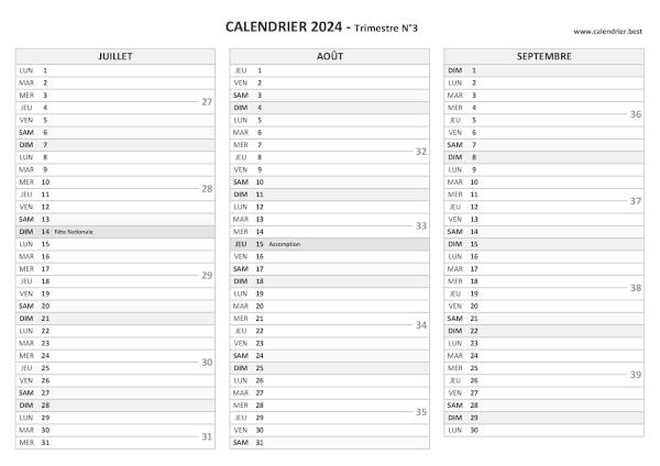 Calendrier trimestre N°3 2024 à imprimer (mois de juillet, août et septembre 2024).