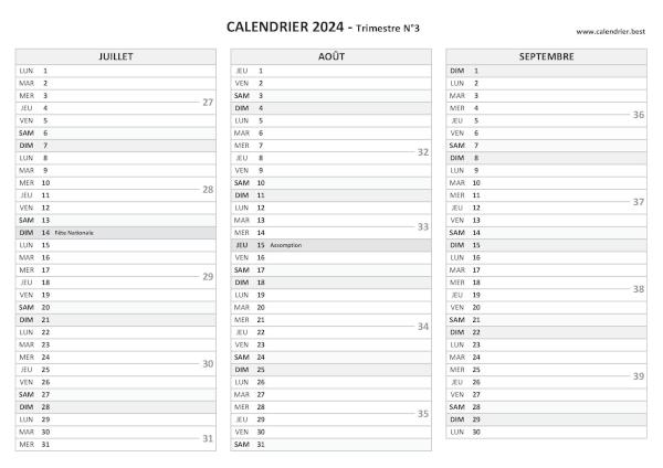 Calendrier 2024 trimestriel à imprimer