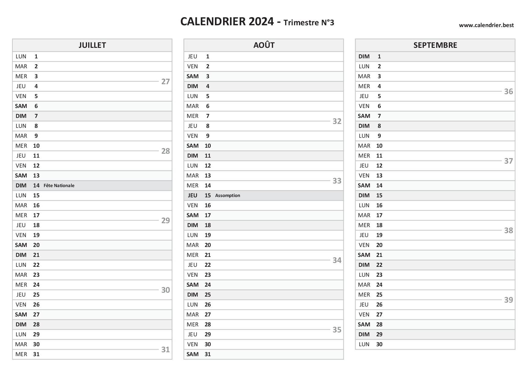 Calendrier 2024 trimestriel à imprimer