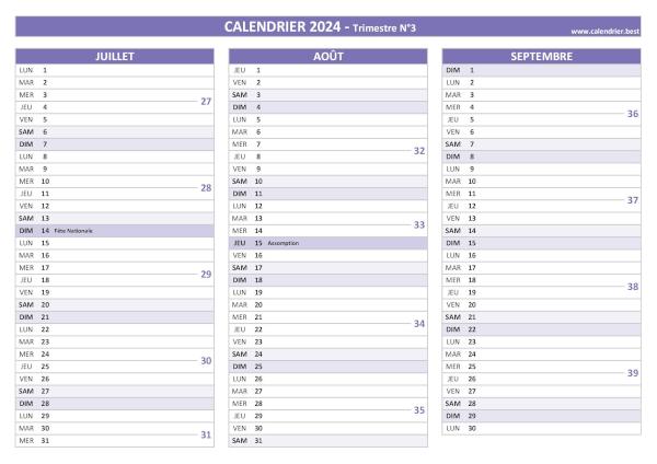 Calendrier trimestre N°3 2024 à imprimer (mois de juillet, août et septembre 2024).