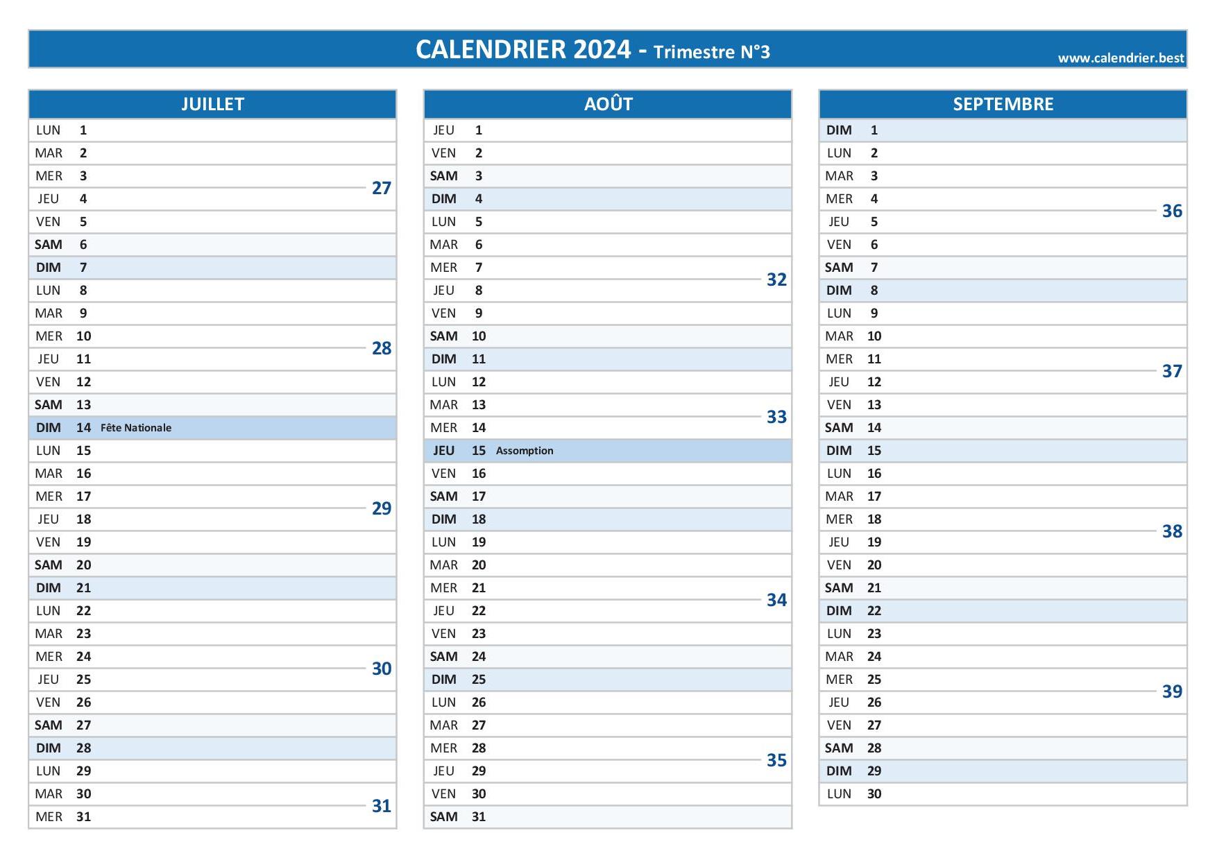 Calendrier pour le 3ème trimestre 2024 : mois de juillet, août et septembre  2024