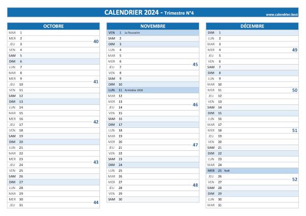 Calendrier trimestre N°4 2024 à imprimer (mois d'octobre, novembre et décembre 2024).