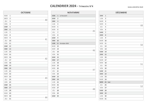 Calendrier trimestre N°4 2024 à imprimer (mois d'octobre, novembre et décembre 2024).