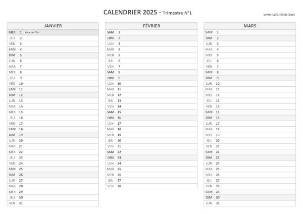 calendrier 2025 à imprimer par trimestre (1 page par trimestre)