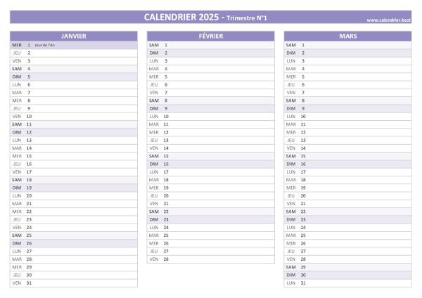 calendrier 2025 à imprimer par trimestre (1 page par trimestre)