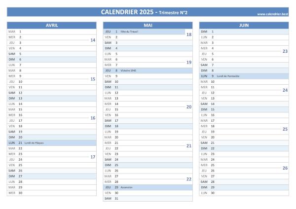 Calendrier trimestre N°2 2025 à imprimer (mois d'avril, mai et juin 2025).