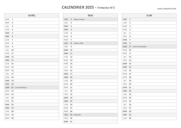 Calendrier trimestre N°2 2025 à imprimer (mois d'avril, mai et juin 2025).