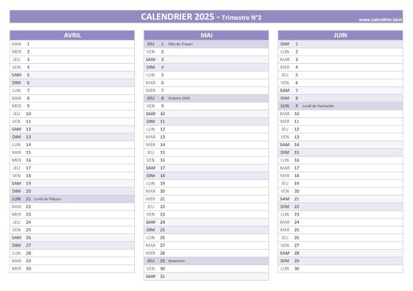 Calendrier trimestre N°2 2025 à imprimer (mois d'avril, mai et juin 2025).