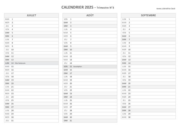 Calendrier trimestre N°3 2025 à imprimer (mois de juillet, août et septembre 2025).