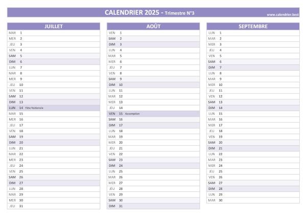 Calendrier trimestre N°3 2025 à imprimer (mois de juillet, août et septembre 2025).