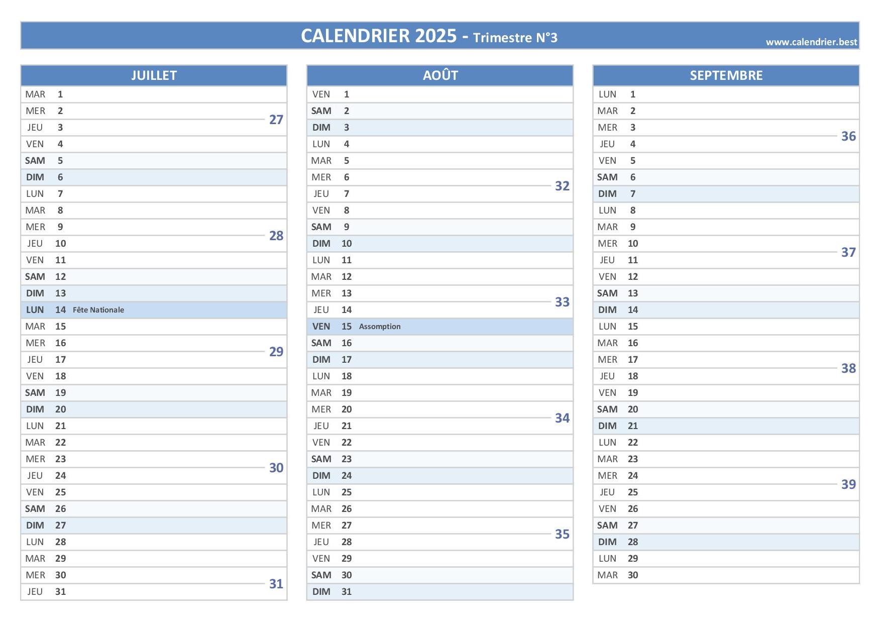 Calendrier 2025 à imprimer