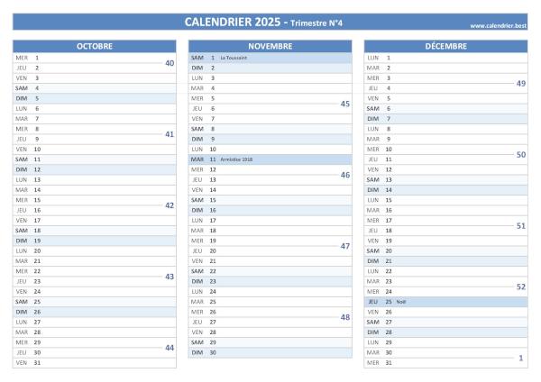 Calendrier trimestriel 2025 à imprimer pour le 4ème trimestre 2025.