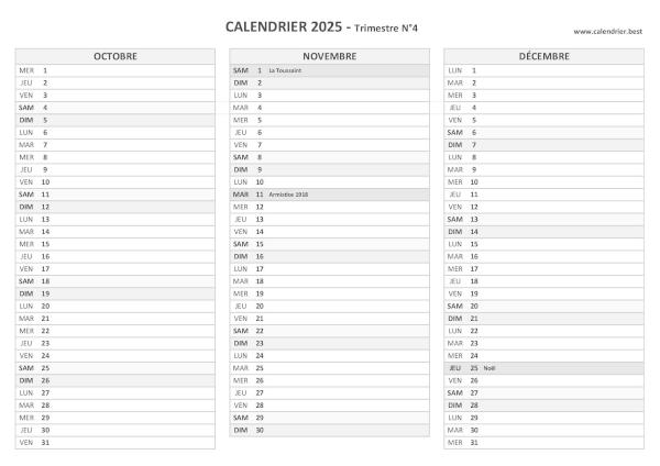 Calendrier trimestre N°4 2025 à imprimer (mois d'octobre, novembre et décembre 2025).