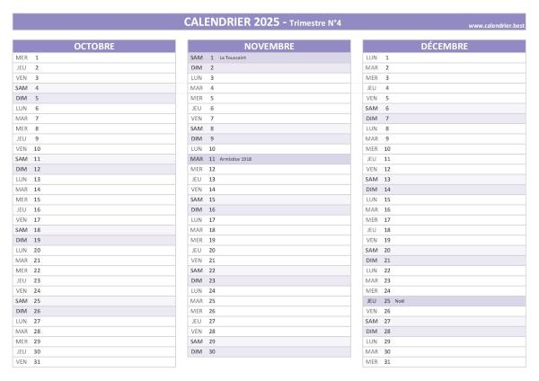 Calendrier trimestre N°4 2025 à imprimer (mois d'octobre, novembre et décembre 2025).