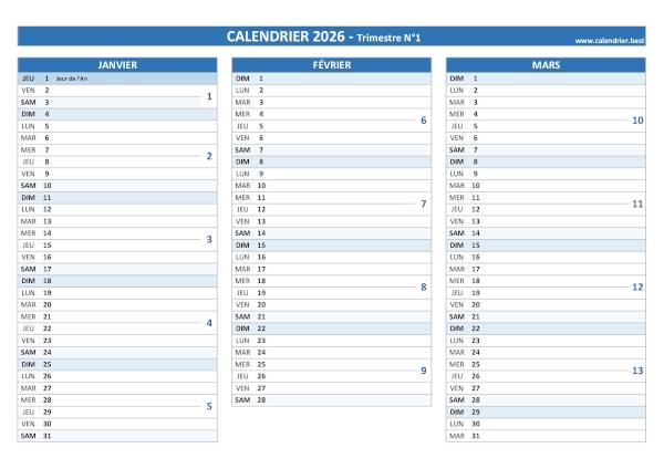 calendrier 2026 à imprimer par trimestre (1 page par trimestre)