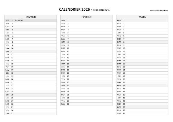 calendrier 2026 à imprimer par trimestre (1 page par trimestre)