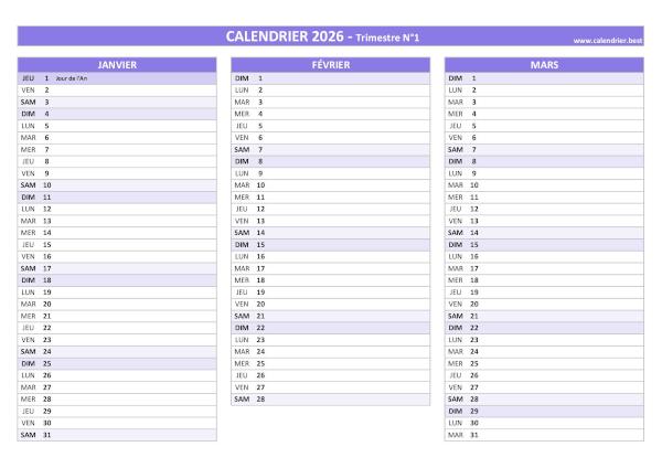 calendrier 2026 à imprimer par trimestre (1 page par trimestre)