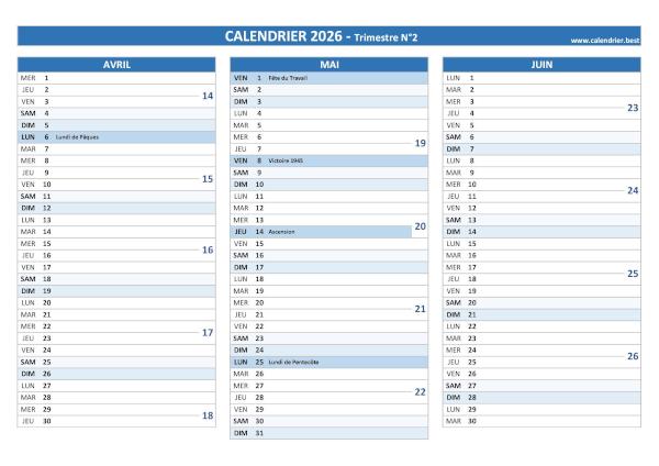 Calendrier trimestriel à imprimer pour les mois d'avril, mai et juin 2026 (trimestre N°2), thème bleu. Calendrier trimestre N°2 2026 à imprimer (mois d'avril, mai et juin 2026).