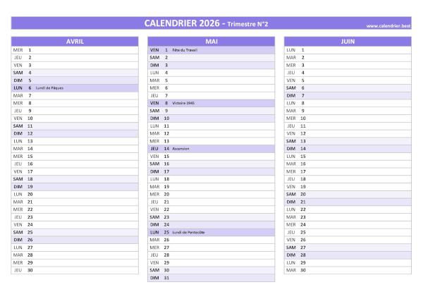 Calendrier trimestre N°2 2026 à imprimer (mois d'avril, mai et juin 2026).