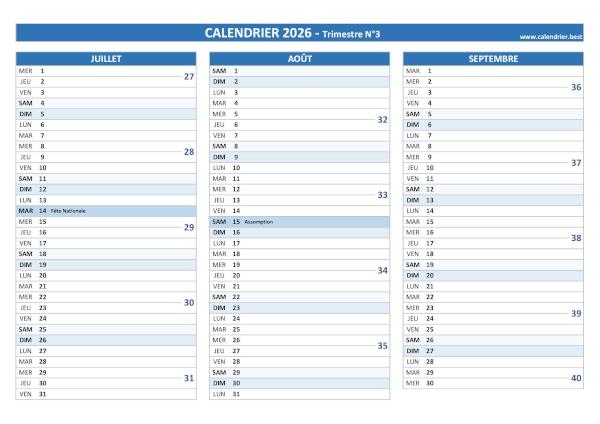 Calendrier trimestriel à imprimer pour les mois mois de juillet, août et septembre 2026 (trimestre N°3), thème bleu. Calendrier trimestre N°3 2026 à imprimer (mois de juillet, août et septembre 2026).