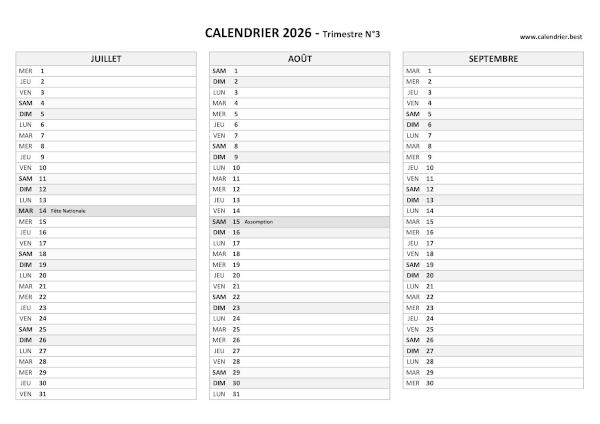 Calendrier trimestre N°3 2026 à imprimer (mois de juillet, août et septembre 2026).