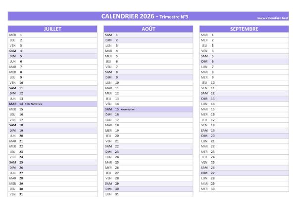 Calendrier trimestre N°3 2026 à imprimer (mois de juillet, août et septembre 2026).