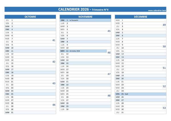 Calendrier trimestre N°4 2026 à imprimer (mois d'octobre, novembre et décembre 2026).