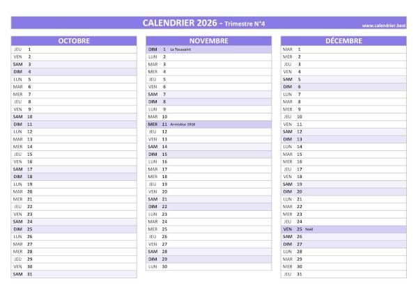 Calendrier trimestre N°4 2026 à imprimer (mois d'octobre, novembre et décembre 2026).