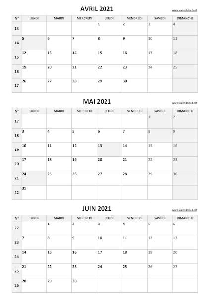Calendrier trimestriel pour les mois d'avril, mai et juin 2021 à télécharger en pdf et imprimer au format A4 portrait, template gris. Calendrier pour le 2ème trimestre 2021 : mois d'avril, mai et juin 2021