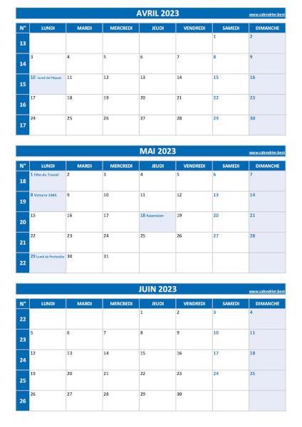 Calendrier trimestriel pour les mois d'avril, mai et juin 2023 à télécharger en pdf et imprimer au format A4 paysage. Calendrier pour le 2ème trimestre 2023 : mois d'avril, mai et juin 2023