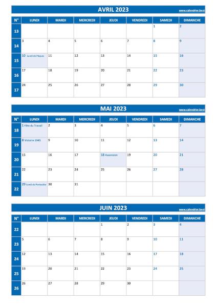 Calendrier pour le 2ème trimestre 2023 : mois d'avril, mai et juin 2023