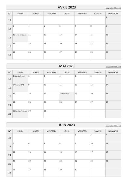 Calendrier pour le 2ème trimestre 2023 : mois d'avril, mai et juin 2023