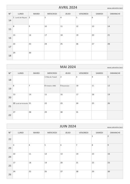 Calendrier pour le 2ème trimestre 2024 : mois d'avril, mai et juin 2024