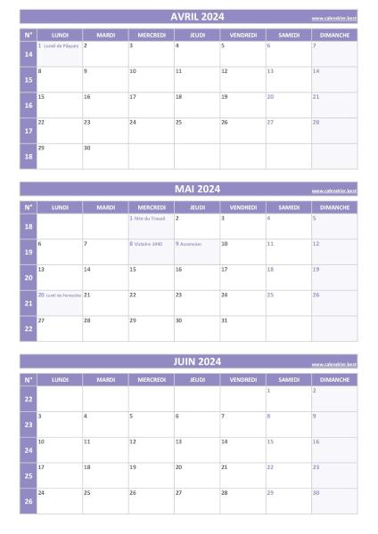 Calendrier pour le 2ème trimestre 2024 : mois d'avril, mai et juin 2024