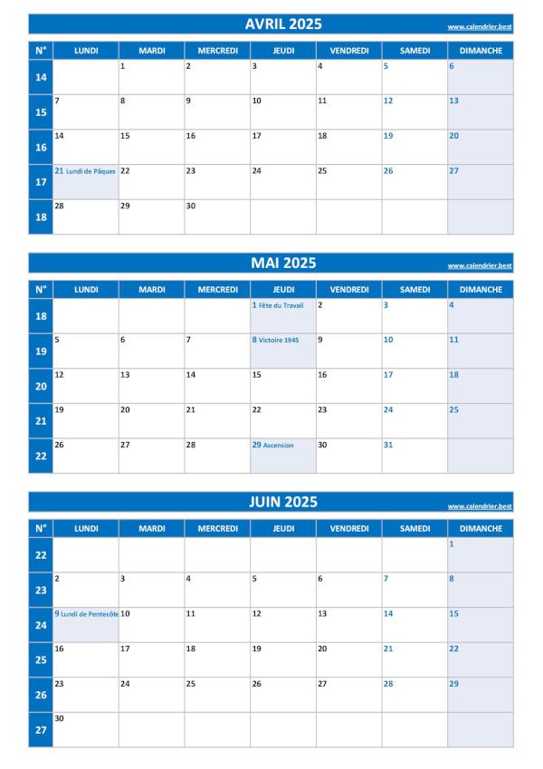 Calendrier pour le 2ème trimestre 2025 : mois d'avril, mai et juin 2025