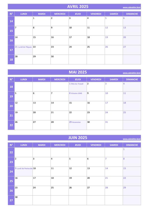 Calendrier trimestriel pour les mois d'avril, mai et juin 2025 à télécharger en pdf et imprimer au format A4 portrait, template violet. Calendrier pour le 2ème trimestre 2025 : mois d'avril, mai et juin 2025