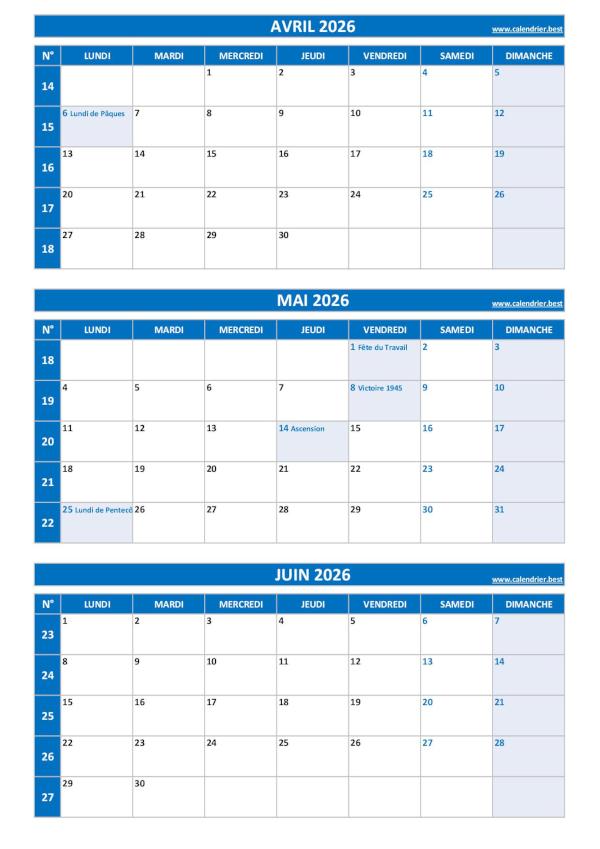 Calendrier pour le 2ème trimestre 2026 : mois d'avril, mai et juin 2026