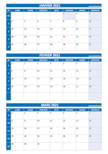 Calendrier pour le 1er trimestre 2021 : mois de janvier, février et mars 2021